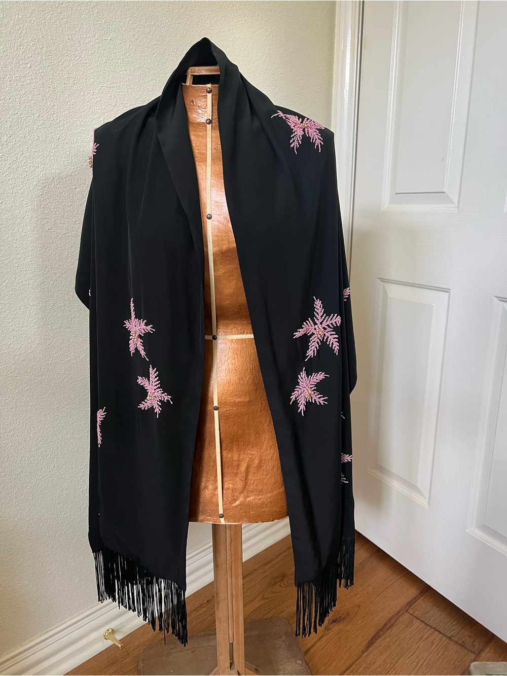 Vintage Black Fringe Shawl with Pink Starburst Beading